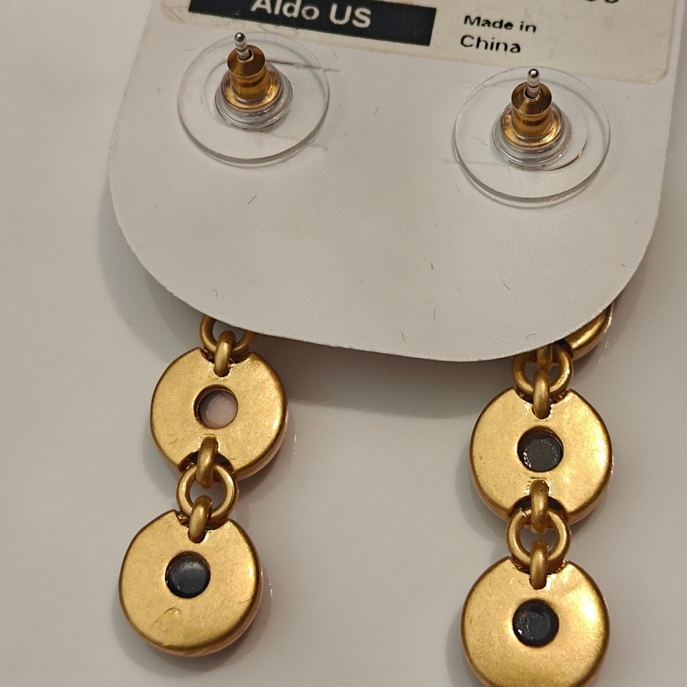 Aldo Gold Tone Earrings Brown Marbled Cabochon Tiered Drop Circle Dangle New - Picture 3 of 4
